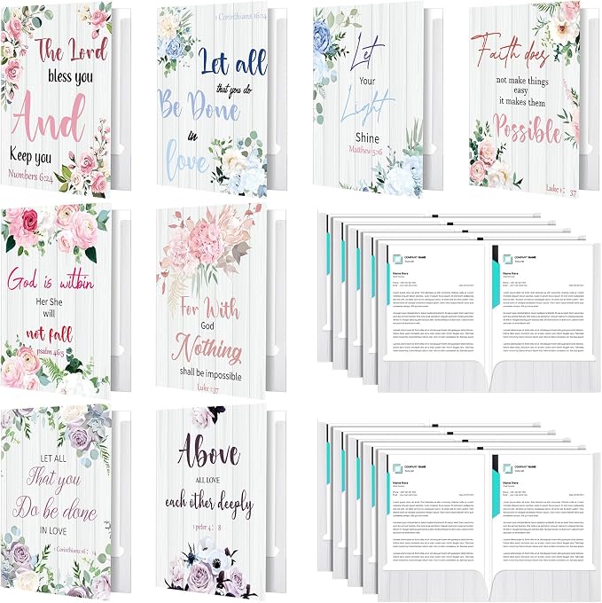 Qeeenar 24 Pack File Folders Organizer Christian Folders with Pockets 9x12 Inch Filing Organizer Document Holder Pocket Folder for School, Office, and Home(Flower Style)