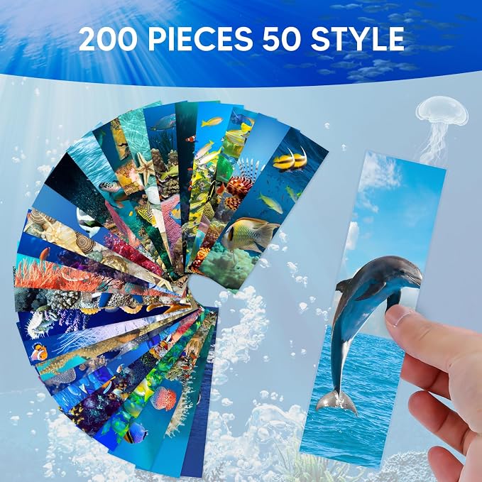 200 Pieces Sea Animal Bulk Bookmarks for Kids, 50 Designs Book Marks for Students Double Sided Cute Sea Animal Motivational Bookmarks for Kids Back to School Gifts Reading Birthday Teacher Reward