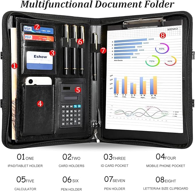 Eshow Leather Portfolio Professional Business Padfolio with Hidden Handle - Interview Resume Notefolio Premium Legal Document Organizer with Card Holder, Notebook and File Folders for Men and Women