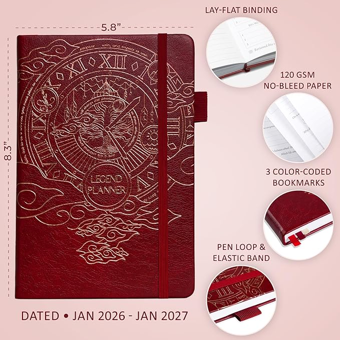 Legend Planner Jan 2026 – Jan 2027 Dated Weekly & Monthly Planner to Hit Your Goals, Increase Productivity & Live Happier. Organizer Notebook & Productivity Journal. A5 Hardcover (Wine Red)