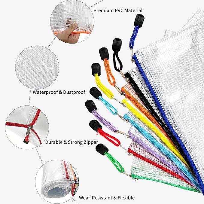 64Pcs Mesh Zipper Pouch Bags, 8 Colors A4/Letter Size Waterproof Zipper File Bags, Reusable Document Organizer Pouches for School, Office Supplies, Home, Toys, Puzzle, Travel