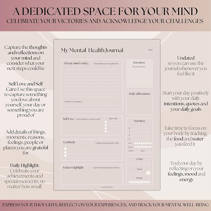 Mental Health Journal Planner | Daily Gratitude, Self Care, Intentions, Affirmations and Nutrition (Lux, A5 Ring Bound)