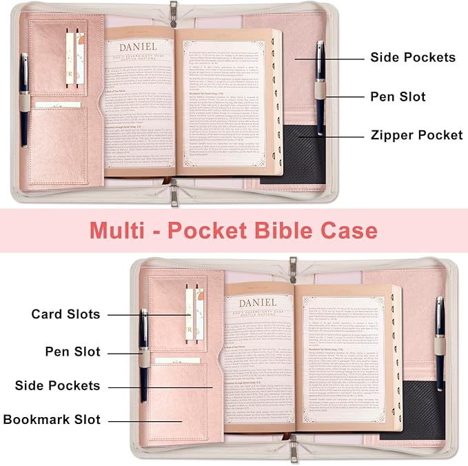 Large Bible Cover Case for Men Women, Mens Bible Covers Cases Leather Bible Cover Carrying Case for Women Men with Handle Zippered Bible Book Cover Holder Bag Case(Rose Gold, L)