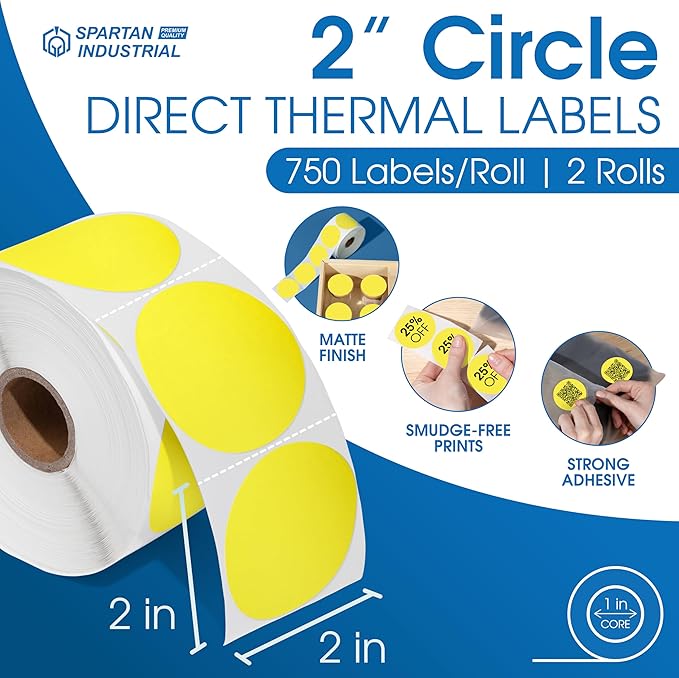 Spartan Industrial - 2" Circle Yellow Direct Thermal Labels (1500 Count, 2 Rolls) - 2 Inch Color Thermal Labels for Logos, Packaging, Branding - Compatible with Zebra and Rollo Printers
