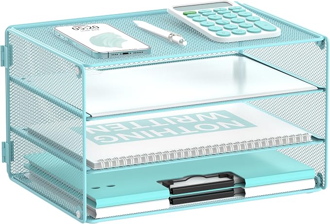 DALTACK 3 Tier Letter Tray Paper Organizer for Desk, Mesh Metal Desk File Organizer with Sliding Trays for Letter/A4 Paper, Mail, Bills & Folders, Blue