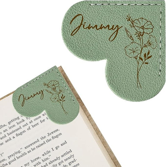 EDSG Personalized Leather Heart Bookmark, Cute Corner Bookmarks for Women, Men, Custom Birth Flower Book Marks with Name, Birthday Christmas Gifts for Book Lovers, Teachers, Students (Green-Heart)