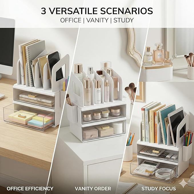 CiWiVOKi White Desk Organizer with 4 File Holder Slots, 2 Clear Drawers & Dual Pen Holders, Sturdy Multi-Functional Desktop Storage for Home Office, Mail Sorter & Caddy