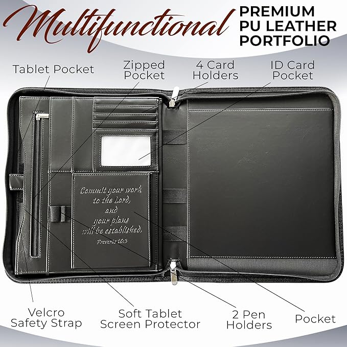 DEHITE Leather Portfolio for Men – Padfolio Case for Men and Women – Black Bible Notebook Organizer – Pen Slots – Zipper Binder – Premium PU Leather – Feels Like Full-Grain – Office Gift Accessories