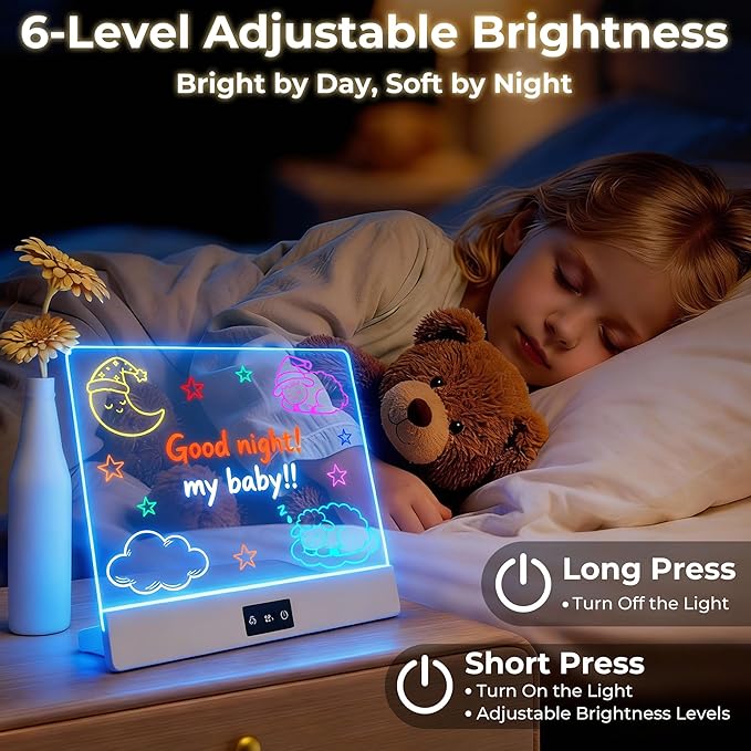 Bawaslom Rechargeable Doodle Glow LED Drawing Board for Kids,11.8"×10.3" Magic Neon Light Up Drawing Tablet,8 Colors & 4 Modes,Built-in Stand Note Board,Creative Toys Gifts for Girls & Boys,White