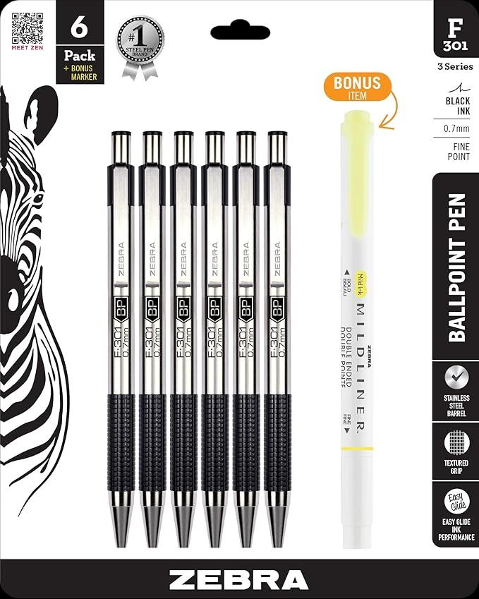 Zebra Pen F-301 Ballpoint Black Ink Fine Point 0.7mm Stainless Steel Retractable Pen, 6-Pack + Bonus Mildliner Highlighter – Easy-Glide Ink, Non-Slip Grip, Professional Design (27192)