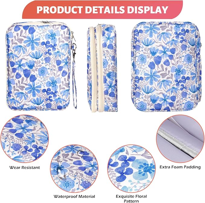 Bible Bag for Girls Organizer - Dual Zipper Compartments with 7 Pen Slots for Church Bible Study, Christian Gift for Teen (Floral-Blue)