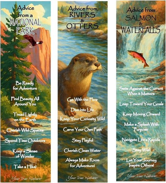 Advice 3 Bookmark National Parks Water Set, Laminated with Glossy Finish, Printed on Recycled Paper, Rivers, Otters, Salmon, Waterfalls (AMBM-NATPKWTR)