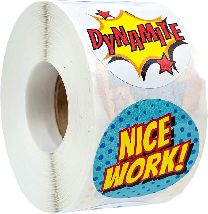Super Hero Reward Stickers / 500 Labels Roll / 8 Cartoon Comic Designs / 1.5" Classroom Teacher Nice Work Incentive Grading Labels/Made in The USA