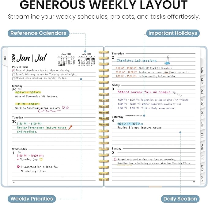 Planner 2026–2027, Academic Year Monthly & Weekly Calendar Book, Jul 2026–Jun 2027, Hardcover Organizer with Tabs, Student & Teacher Planner, 6.3" x 8.5", Parisian Bouquet