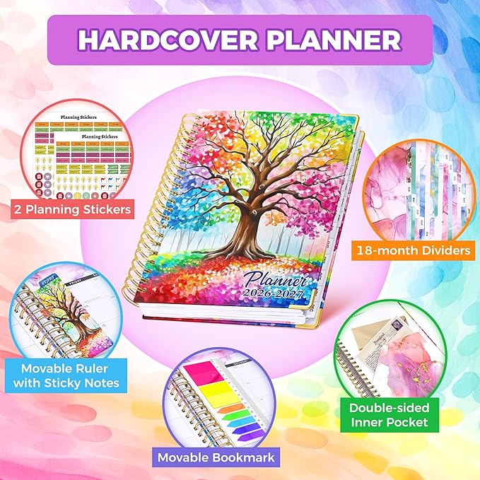 Planner 2026-2027, 18 Month Weekly and Monthly Planner, Jan. 2026 - Jun. 2027, 9" x 11.6" A4 Large Hardcover Calendar Planner with Page Tabs, Separator Page, Inner Pocket, Bookmark, Stickers, Sticky Note Set