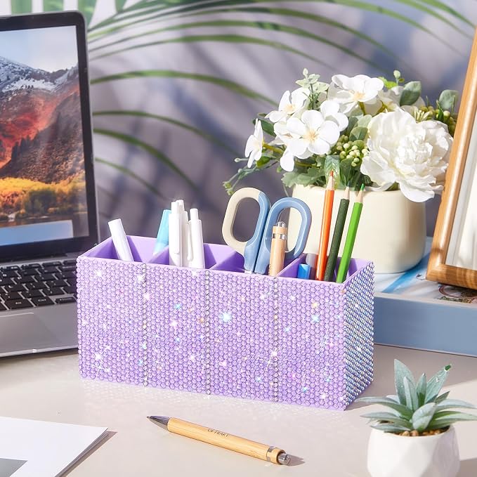 Bling Desk Organizer for Women, Rhinestone Pen Makeup Brush Holder, Girly Desk Accessories Organizer for Office Classroom Elevate Your Workspace with Serenity(Rhinestone,Purple)