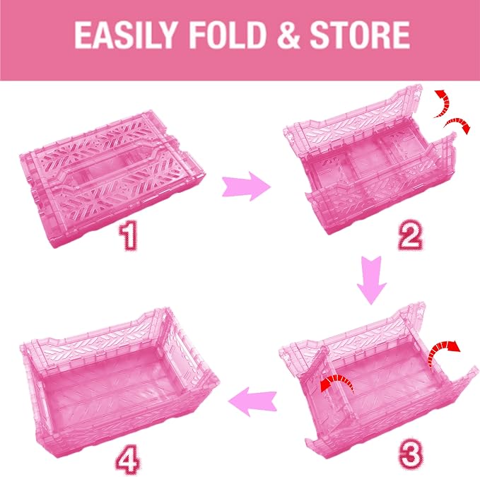 Mid Size Pastel Plastic Storage Crates and Baskets, Collapsible Crates for Organizing, 4L SpaceSaving Bins for Classroom, Kitchen, Office, Bedroom,Desk Organizer. (Pink)