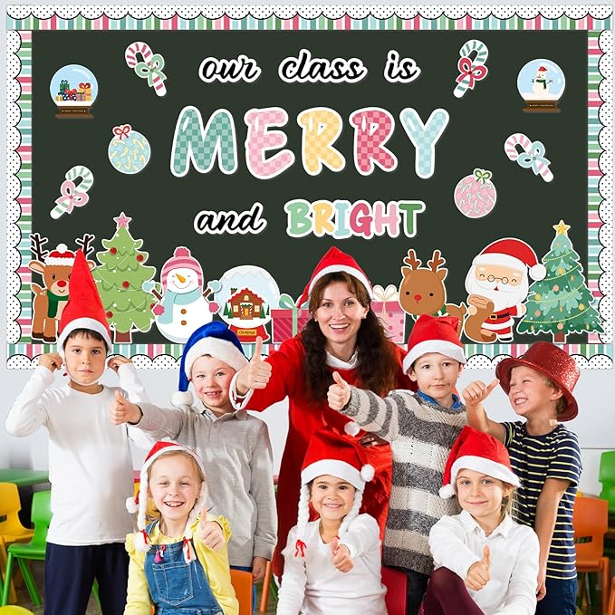 Christmas Classroom Bulletin Board Decorations Santa Xmas Tree Snowflake Cutouts Our Class is Merry and Bright Paper Cutouts Xmas Classroom Decor for Wall Chalkboard Decor Supplies