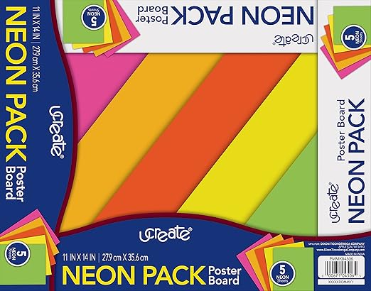 UCreate Neon Poster Board, 5 Assorted Colors, Neon, 11" x 14", 5 Sheets