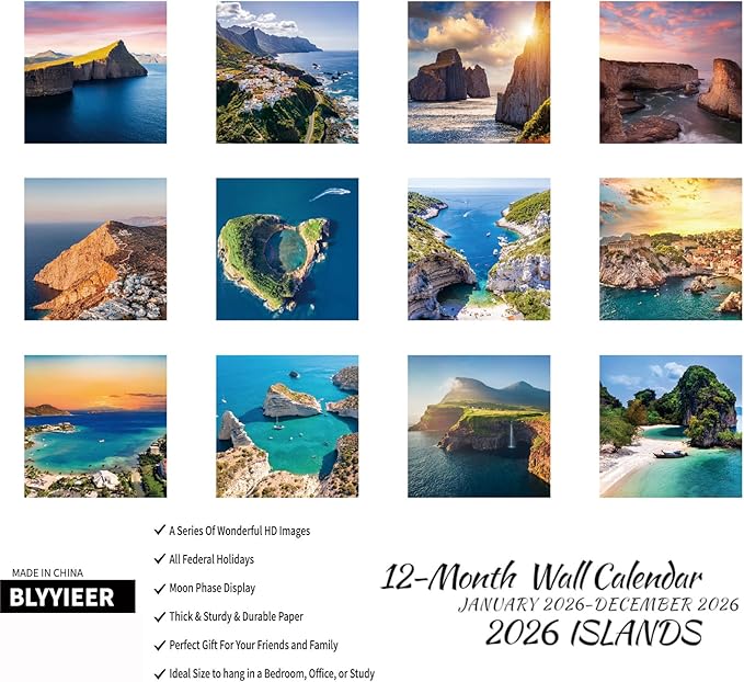 2026 Wall Calendar,Islands Monthly Wall Calendar, 12" x 24" Open,Family Planner Calendar,Home & Office Organizer,Hangable