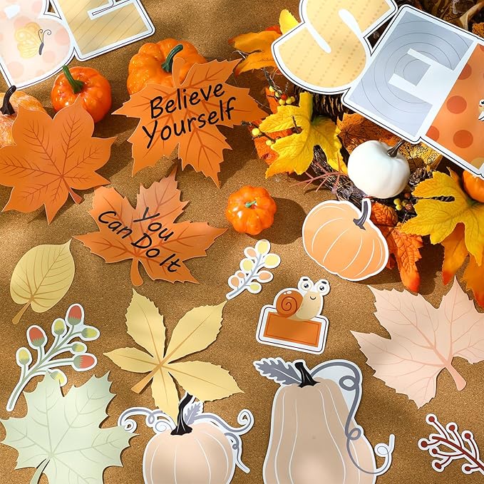 Funrous Fall Bulletin Board Decorations Classroom Fall Tree Maple Leaves Pumpkin Bulletin Board Set Be Leaf in Yourself Inspirational Quote Cutout Autumn Thanksgiving School Wall Decor(Pumpkin)