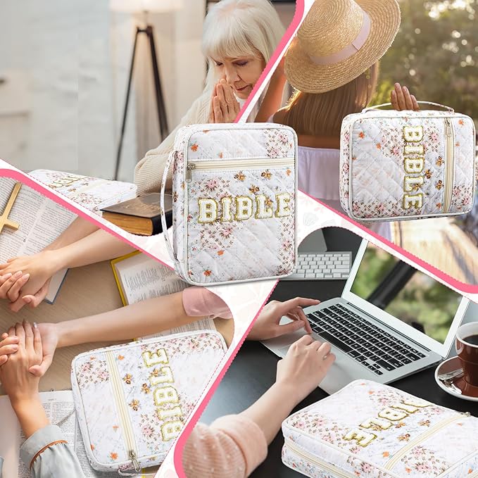 Sinload Quilted Bible Cover Case for Women Large Carrying Bag with Organizer Tabs 6 Colored Pens 6 Highlighters Book Tote Bags with Handle Bible Carry Supplies Christian Gifts(Colorful Floral)