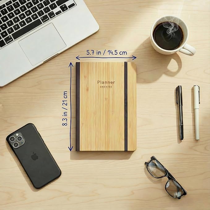 AuroPlanner Bamboo Cover Undated Portable Planner Notebook – Daily, Weekly & Monthly Organizer, Lay-Flat A5 (5.7” × 8.3”), 100 GSM Paper, 160 Pages, 4-Month Layout (Brown)