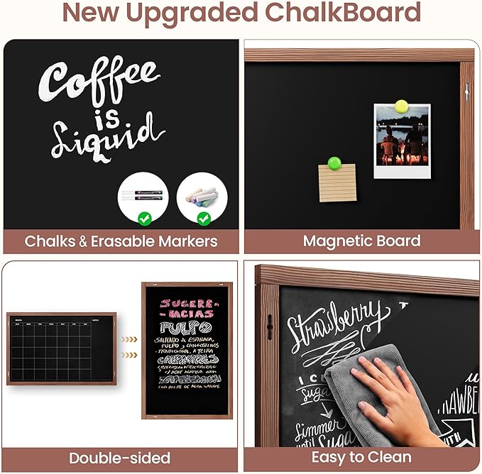 2-in-1 Double-Sided Magnetic Chalkboard 36"x24", Chalk Calendar Board & Large Blackboard for Kitchen & Home Decor, Schedule, Menu, Back-to-School Gift - Hanging Chalk Board with 2 Liquid Pens, Brown