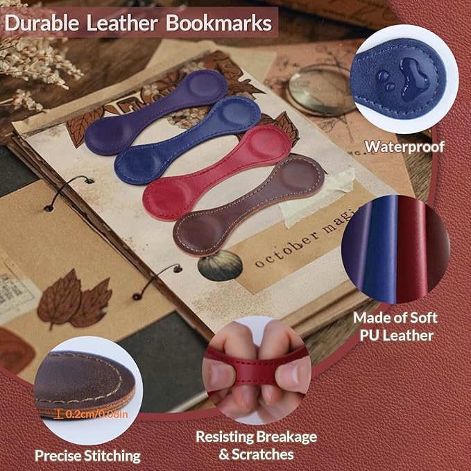 JIXZEN Magnetic Leather Bookmark for Reading Women, 4 PCS Timeless Leather Magnetic Book Marks for Women Book Lovers, Reading Men, Kids, Teachers with Elegant Gift Box (Coffee, Red, Blue, Purple)