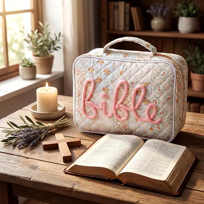 Tallew Bible Cover Case for Women Large Bible Bags with Durable Handle Quilted Carrying Case Church Book Holder Study Supplies Accessories for Christian Gifts
