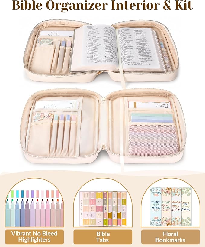 XKDOUS Quilted Leather Bible Cover Case for Women, Zippered Bible Carrying Bag with Study Supplies and Accessories, Waterproof Bible Organizer Holder for Church and Daily Use (White & Brown)