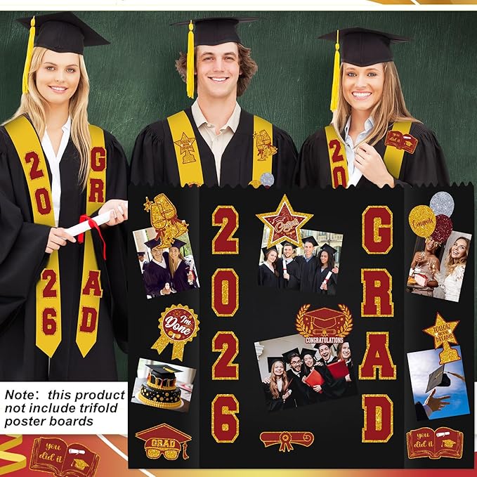 AmazingSpark 2 Sets Graduation Photo Display Board Trifold Poster Board with 12 Graduation Themed Stickers for 2026 Grad Party Decoration Picture Collage Frame Supplies (40 x 28,Red Gold)
