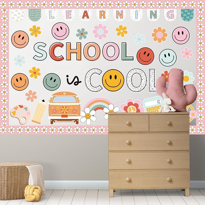 JarThenaAMCS 73 Pcs Retro Groovy Bulletin Board Decoration Set Boho Smile Flower Theme School is Cool Paper Cutouts with 200 Pcs Glue Points for Back to School Home Party Classroom Wall Door Decor