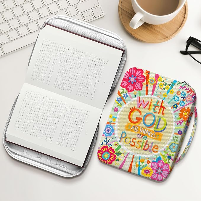 Colorful Floral Bible Cover for Girls and Women, Scripture Verse Case with Handle and Front Pocket, Canvas Bible Bag for Standard Size, Inspirational Church for Bible Study Gift