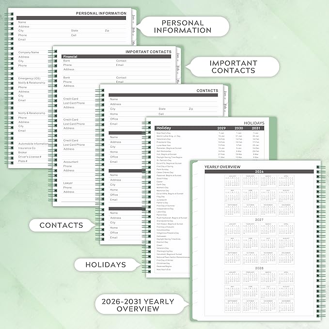 2026-2031 Monthly Planner/Monthly Calendar - 5 Year monthly Planner, Jul. 2026 - Jun. 2031, 9" x 11", Double-Side Pocket + Durable Polypropylene Cover - Sage Green