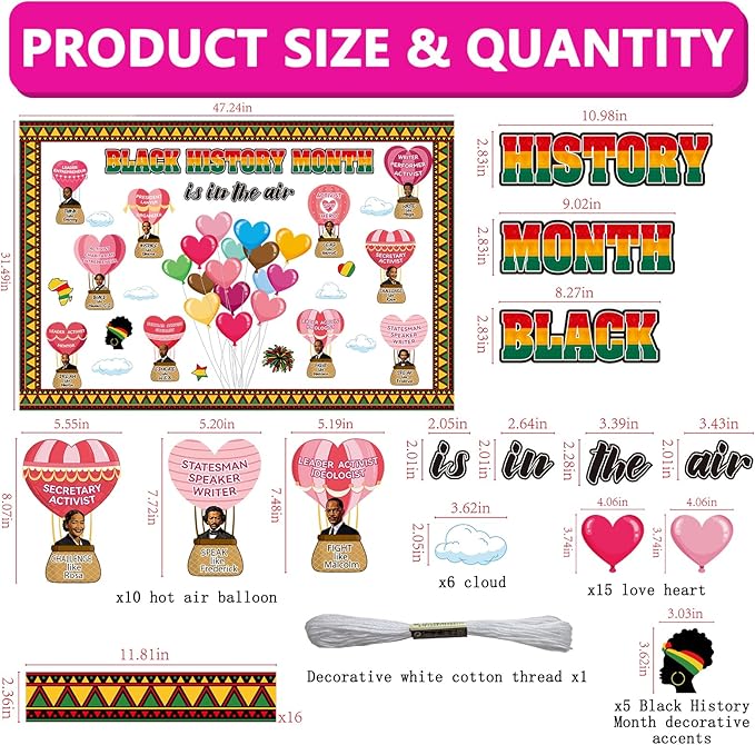 Black History Month Bulletin Board Decoration Set Valentine's Day Classroom Decorations February African American Cutouts February Heart Craft Cutouts for Teacher School Door Wall Decor Supplies