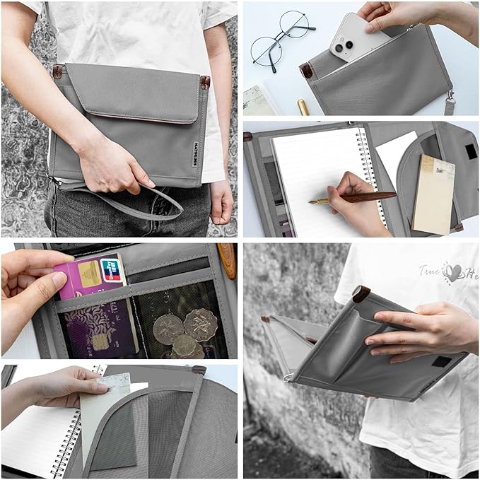 Mayplous A5 Conference Folder Business Organiser Bag Notepad Carrying Case Document Case A5 Portfolio Organiser Portfolio Binder with Zip (Smoke Grey)