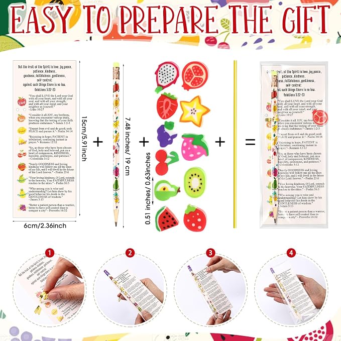MotiMind 45 Set Fruit of The Spirit Gifts Fruits of The Spirit Bookmarks Christian Fruits Pencils Erasers Bulk Religious Dancing Fruit for Sunday School Teacher Appreciation Church First Day of School