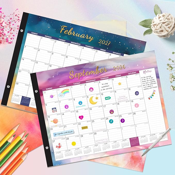 Gannyfer Desk Calendar 2026-2027, 18 Month Large Desk Calendar, Use Now Through Mar 2027, 22" x 17", Thick Paper, Corner Protectors, Large Ruled Blocks with Notes Section, Colorful Watercolor, 6 Stickers Included