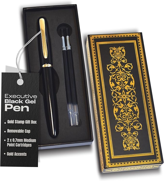 Better Office Products Executive Rollerball Gel Ink Pen Set in Gift Box, Black Gloss Classic Business Pen with Removable Cap, Gold Accents, Includes 2 Black 0.7mm Medium Point Cartridges