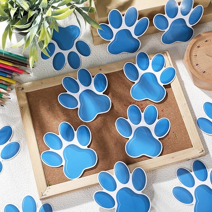 Junkin 60 Pcs Mini Paw Prints Cutouts Accents Bulletin Board Patrol Table Decorations Wall Decal Poster for Kids Educational School Home Party Supplies(Light Blue)
