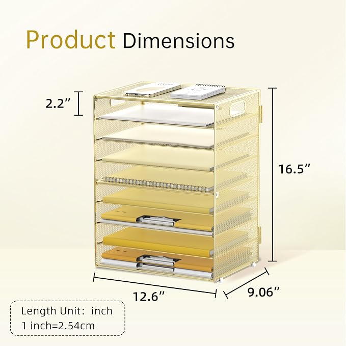 DALTACK 9-Tier Paper Organizer for Desk, Mesh Letter Tray Desk Organizer with Handles, Space-Saving File Organizer for Office Home School, Gold