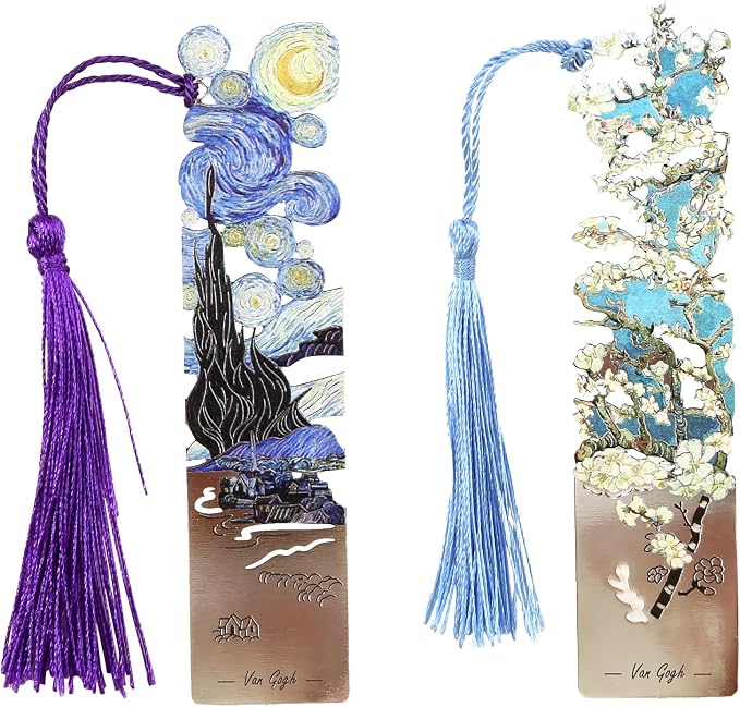 2 Metal Bookmarks with Tassel, Oil Painting Starry Night Over The Rhone and Almond Blossoms, Pretty Bookmarks for Women