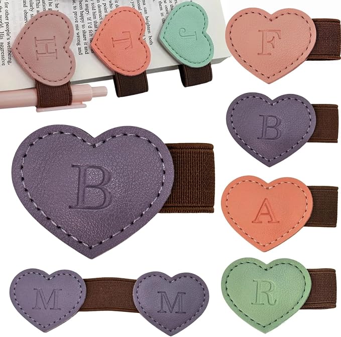 Personalized Magnetic Leather Heart Bookmark with Pen Holder - 26 Letters Custom Book Mark Notebook Pencil Loop with Initial Book Marker for Readers, Book Lovers- Gifts for Women Men(Purple,B)
