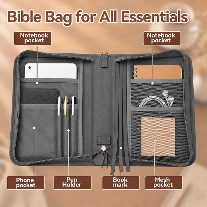 Bible Cover for Men and Women, PU Leather Large Bible Bag with Handle & Shoulder Strap, Bible Carrying Case with Cross Design and Pockets for Church, Bible Study & Christian Gifts, Black
