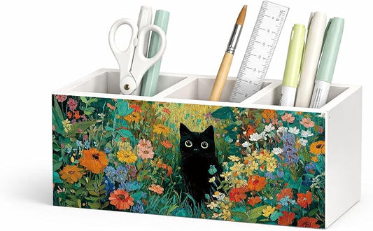 Black Cat Desk Organizer Wooden Pen Pencil Holder for Desk, 3 Compartments Office Desk Accessories, Floral Cat Desk Decor, Cute Cat Lover Gifts for Women Home Office Storage