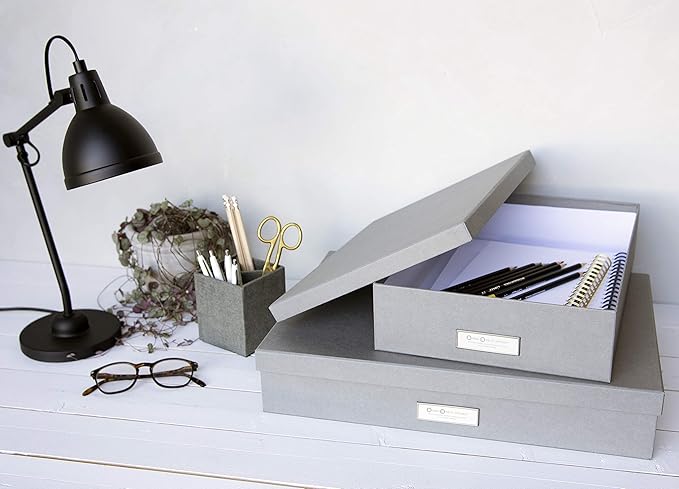 Bigso Sverker Fiberboard Legal and Art Storage Box - Scrapbook Storage Box for Loose Papers and More - Durable Document Boxes with Lid and Metal Label Holder - 17.1 in x 12.2 in x 3.3 in - White