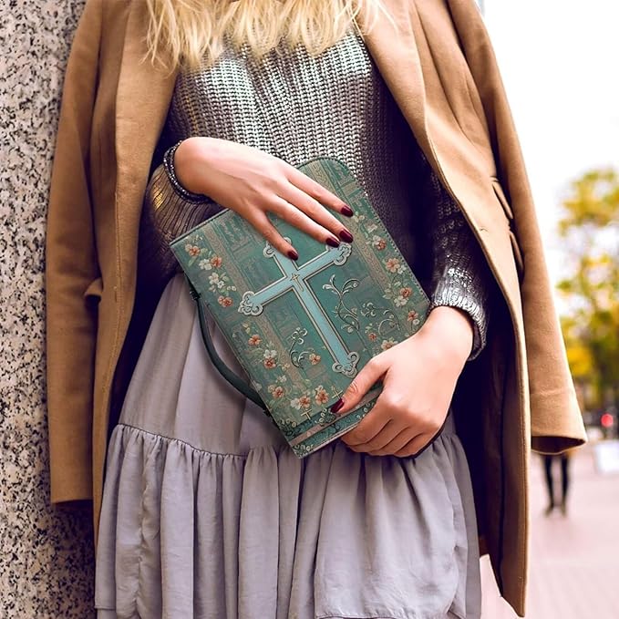 PU Bible Case, Bible Cover for Women Men,Bible Covers with Leather Bookmark Set,Bible Carrying Case,Christian Gift,Boho Flowers and Cross,Small
