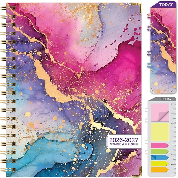 HARDCOVER Academic Year 2026-2027 Planner: 14 Months (May 2026 Through June 2027) 8.5"x 11" Daily Weekly Monthly Planner Yearly Agenda. Bookmark, Pocket Folder and Sticky Note Set (Rainbow Gold Marble)