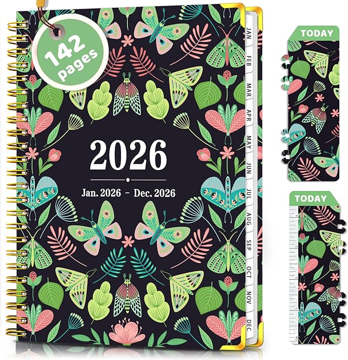 Academic Planner 2026, Daily Weekly and Monthly Planner, Jan. 2026 - Dec. 2026, Calendar Planner with Monthly Tabs, Planning Organize Notebook for Work, 8.5'' x 6.2'', Green Butterfly